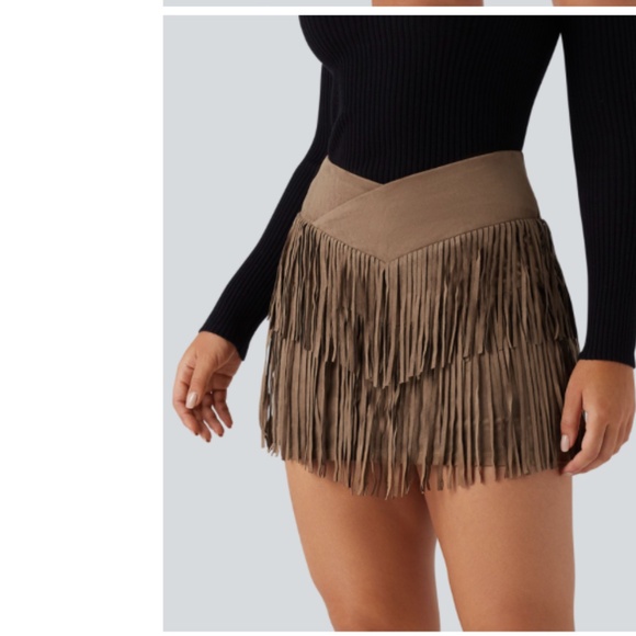 Crossover High Waisted 2-in-1 Fringe Hem Bodycon Mini Suede Party Skirt - Picture 6 of 8